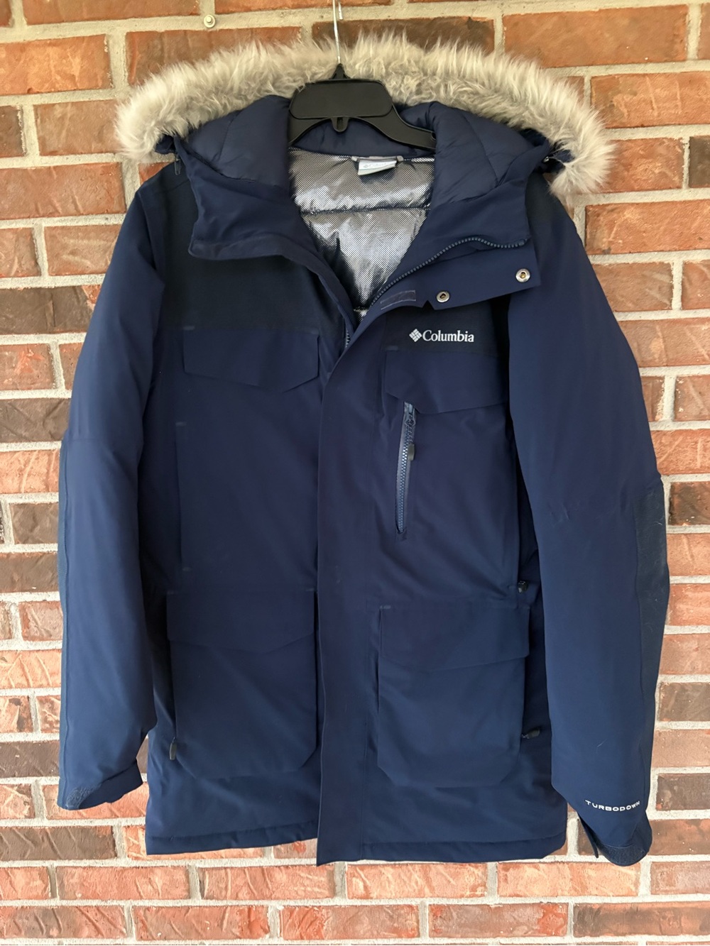 Columbia Men's Navy Hooded Parka with Faux Fur Trim